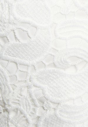 Tessuto bianco con un intricato design in pizzo ricamato che presenta motivi floreali e accenti lisci e texturizzati. Cuciture dettagliate su uno sfondo trasparente.