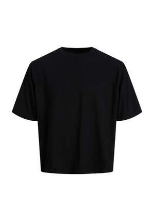 Czarna krótka koszulka wykonana z gładkiego materiału bawełnianego. Posiada okrągły dekolt oraz krótkie rękawy, z prostym, minimalistycznym wzorem.