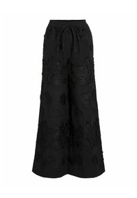 Schwarze weite Hosen mit Kordelzugbund, die über den gesamten Stoff mit strukturierten Blumenstickereien verziert sind.