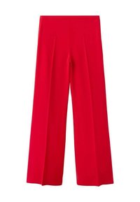 Red wide-leg pants with a smooth fabric, featuring front pleats and a loose fit. The waistband is elastic for comfort.