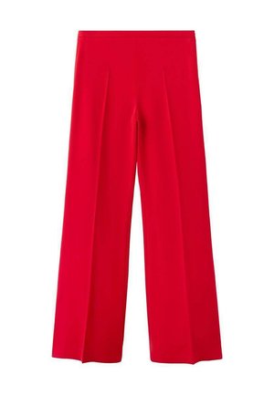 Pantalones rojos de pierna ancha con tela suave, que presentan pliegues frontales y un ajuste holgado. La cintura es elástica para mayor comodidad.