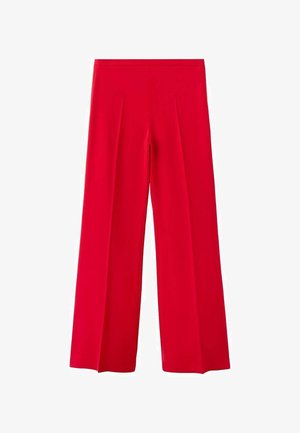 Pantalones rojos de pierna ancha con tela suave, que presentan pliegues frontales y un ajuste holgado. La cintura es elástica para mayor comodidad.