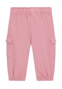 Pantaloni cargo rosa con vita elastica, polsini arricciati e due tasche laterali. Il materiale sembra morbido con una texture liscia.
