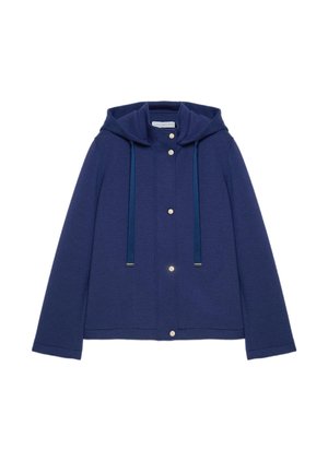 Navy blue hooded jacket with long sleeves, front snap buttons, two drawstrings, and a straight hem.