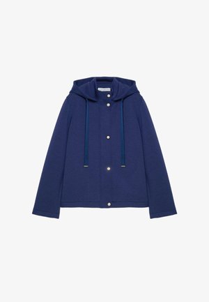 Navy blue hooded jacket with long sleeves, front snap buttons, two drawstrings, and a straight hem.