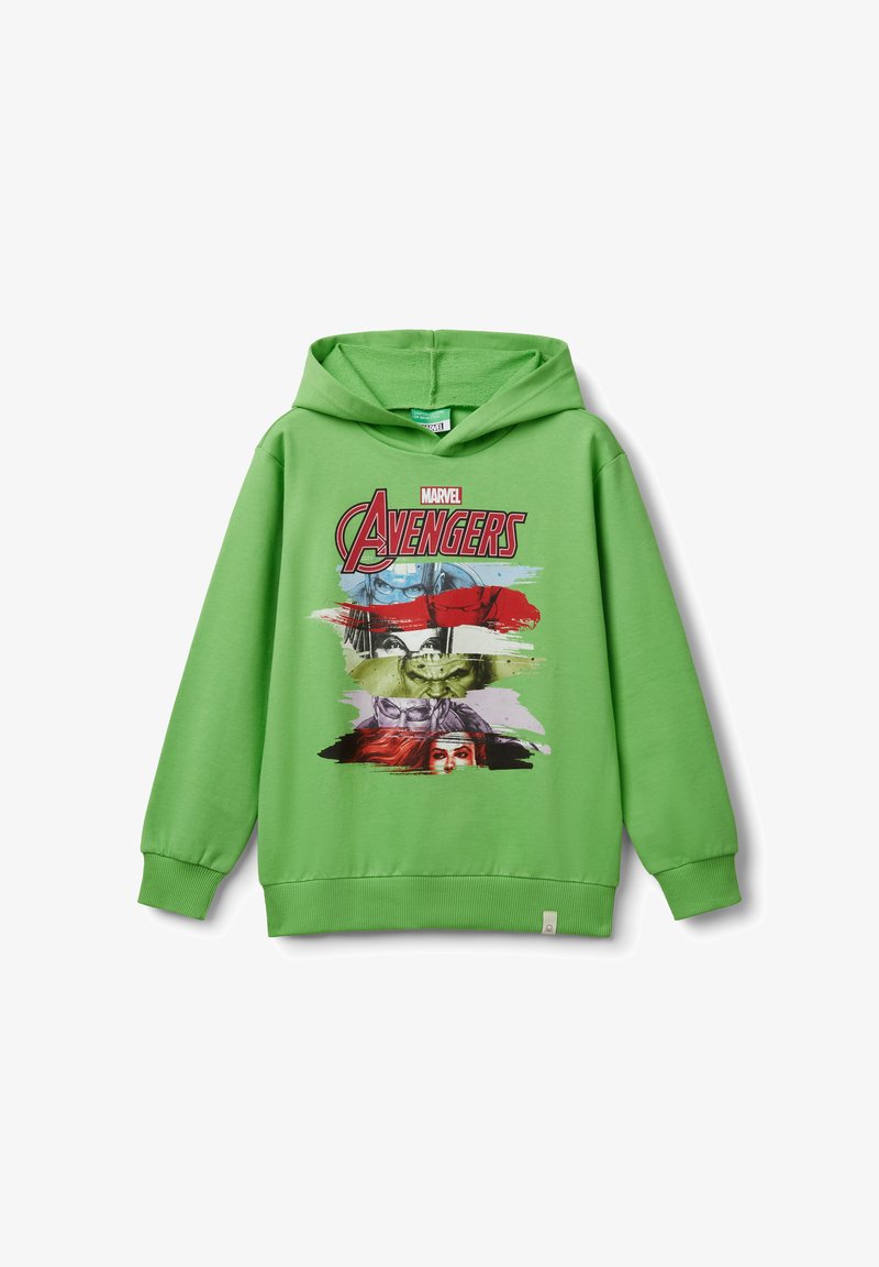 Zelená mikina s kapucí s grafickým potiskem postav z Avengers v různých barvách. Vyrobena z měkkého materiálu, s žebrovanými manžetami a spodním lemem.