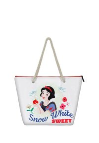 Sac en toile avec tissu blanc, bord zippé rouge et poignées en corde. Présente une illustration colorée d'un personnage, le texte "Blanche-Neige Sucrée" et des fleurs.