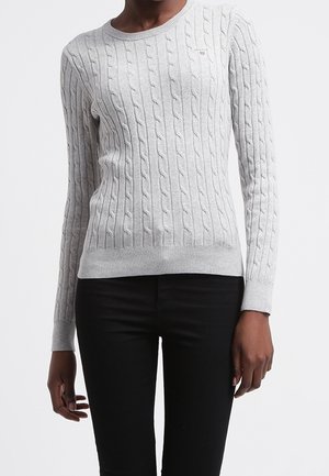 Femme portant un pull torsadé gris clair et un pantalon noir, debout devant un fond blanc uni.