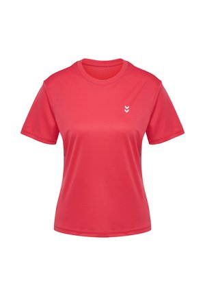 Röd atletisk t-shirt med korta ärmar och rund halsringning, tillverkad av mjukt, lätt material. Har en vit chevronlogotyp på bröstet.