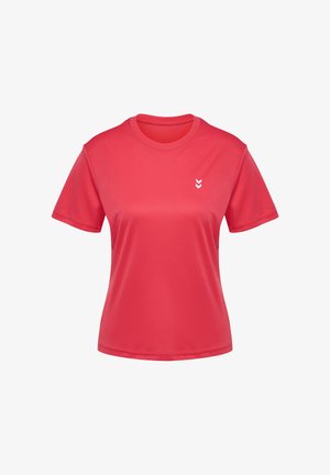 Röd atletisk t-shirt med korta ärmar och rund halsringning, tillverkad av mjukt, lätt material. Har en vit chevronlogotyp på bröstet.