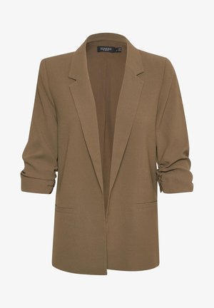 Brun blazer med en skræddersyet design, notched klapper, rullede ærmer og to frontlommer. Glat stof med en let glans.