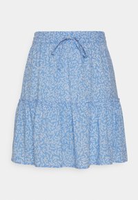 Gonna floreale blu con vita arricciata dotata di cordoncino, design a strati e tessuto leggero con un motivo di foglie bianche.