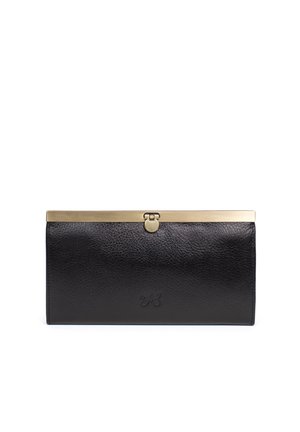 Pochette noire en cuir avec surface texturée et fermoir à cadre en métal doré, petit logo embossé au centre avant.