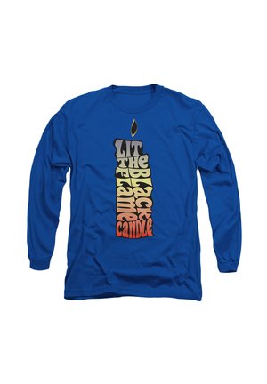 Long-sleeve blue shirt featuring bold, colorful graphic text that forms a candle shape with a flame at the top and words "LIT THE BLACK FLAME CANDLE."