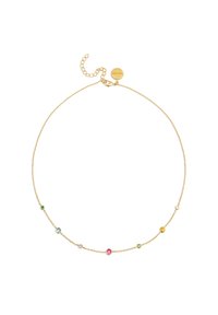 Collana a catena color oro con gemme multicolori di forma circolare. Presenta un design delicato e una chiusura regolabile con catena di estensione.