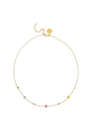 Collana a catena color oro con gemme multicolori di forma circolare. Presenta un design delicato e una chiusura regolabile con catena di estensione.