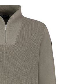 Gray zip-up sweater with a textured knit design. Features a high collar and a subtle logo on the left sleeve. Size M.