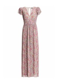 Robe longue à imprimé floral avec manches courtes plissées, décolleté en V profond, taille plissée et détail dos avec ouverture en forme de goutte, dans des tons rose clair et multicolores.