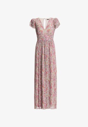 Lange jurk met bloemenprint, geplooide korte mouwen, diepe V-hals, getailleerde taille en een keyhole-rugdetail in lichtroze en multicolor tinten.