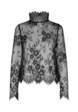 Mustmustmust valmis käised, kõrge kaeluse ja lainelise äärega. Peal on lillemustrid ja läbipaistev tekstuur. Õrnad frnged äärtes.