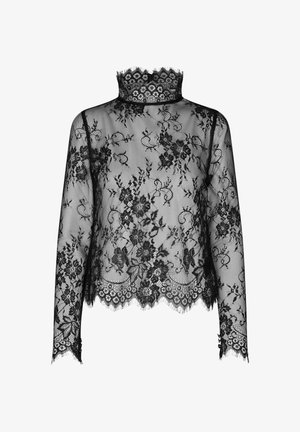 Czarny top z długim rękawem z koronki, z wysokim dekoltem i falbaniastym dołem. Posiada floralne wzory i przezroczystą teksturę w całej powierzchni. Delikatne frędzle na brzegach.