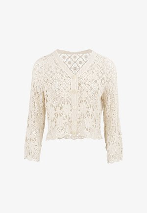 Cremefarbener Häkel-Cardigan mit langen Ärmeln, floralen und geometrischen Lochmustern, Knöpfen vorne und gewelltem Saum.