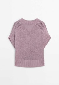 Short-sleeve, neulepusero vaaleanlilana, jossa ribbireunus kauluksessa ja helmasssa. Täydentää tekstuuri, jossa on avonaisneulekudonta olkapäillä.