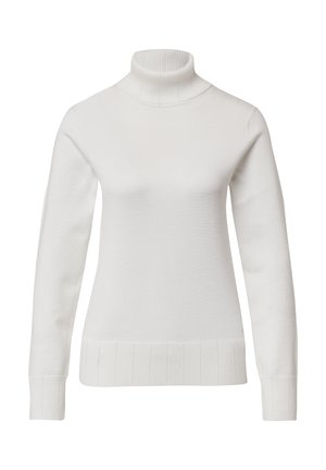 Weißer Rollkragenpullover mit langen Ärmeln, geripptem Halsauschnitt und unterem Saum mit strukturiertem Muster. Weiches, glattes Strickmaterial.