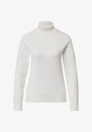 Pull en col roulé blanc avec manches longues, col et ourlet inférieur côtelés, et motif texturé. Matière en tricot douce et lisse.