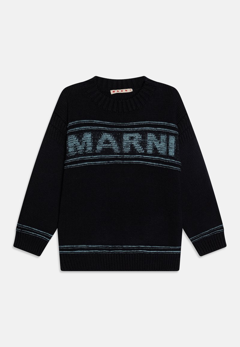 Črn pleten pulover z modrim logotipom "MARNI" čez prsi in kontrastnimi modrimi črtami. Ima okroglo ovratnico in rebraste manšete.