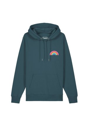 Dunkelgrüner Hoodie mit Fronttasche, Kordeln und einer kleinen bunten Regenbogengrafik mit dem Text "Women Power" auf der Brust.