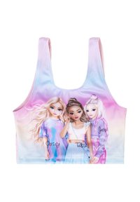 Youth crop top featuring a gradient pink and blue design, with illustrations of three girls and their names printed on the front.
