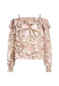 Bluzica bez naramenica s volanima na izrezu, dugim rukavima s elastičnim manžetama i cvjetnim uzorkom u ružičastoj i smeđoj boji na svijetloj podlozi.