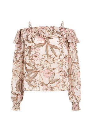 Hlavní top bez ramínek s volánkovým límcem, dlouhými rukávy se elastickými manžetami a květinovým vzorem v růžové a hnědé na světlém pozadí.