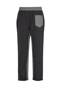 Schwarze und graue leichte Hose mit einem elastischen Bund, umgeschlagenen Säumen und einer einzelnen aufgenähten Tasche mit einem Logodesign.