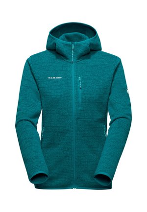 Teal fleecefodrad hoodie med dragkedja fram, justerbar huva och två sidofickor. Har ett texturerat mönster och logodetalj.