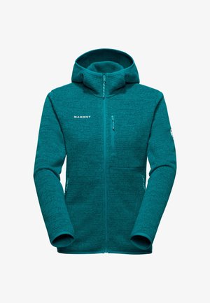 Teal fleeceforet hoodie med lynlås foran, justerbar hætte og to sidelommer. Har et struktureret mønster og logo-detalje.