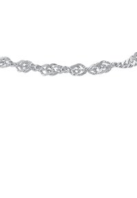 Collar de cadena de plata con eslabones ovalados y retorcidos interconectados, con una superficie lisa y brillante y un diseño flexible.