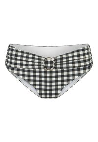 Parte inferior de bikini de cuadros en blanco y negro con fruncido y un acento circular dorado en la parte delantera. Tejido suave con un diseño de cintura alta.