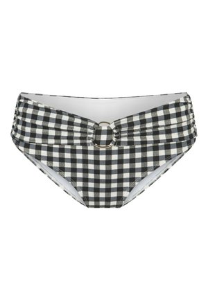 Zwart-wit geruite bikinionderkant met ruches en een gouden cirkelaccent aan de voorkant. Gladde stof met een high-waisted ontwerp.