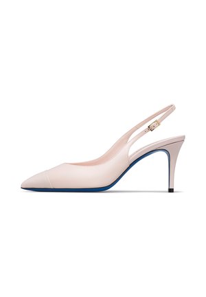 Beige pointed-toe slingback high heel with a thin strap and gold buckle, featuring a blue sole and slim stiletto heel.