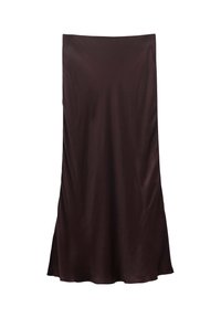 Brauner Satin-Midi-Rock mit einer glatten, fließenden Textur, ausgestattet mit einer figurbetonten Taille und einem leicht auslaufenden Saum, entworfen für eine schlanke Silhouette.