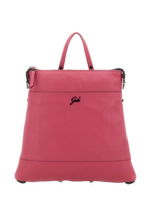 Borsa tote in pelle rosa con due manici, chiusura a zip e piccolo logo nero centrato sul davanti.