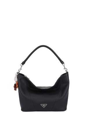 Borsa a tracolla in pelle nera con cerniera argento, manico curvo, emblema logo triangolare e portachiavi a forma di fiore marrone su sfondo bianco.