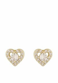 Guldörhängen i hjärtform med en central klar ädelsten omgiven av mindre klara stenar, vilket skapar en gnistrande och dekorativ design.