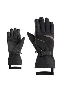 Zwarte geïsoleerde handschoenen met een gestructureerde afwerking, voorzien van een strakke polsrand en verstelbare band, ontworpen voor gebruik in koude weersomstandigheden.
