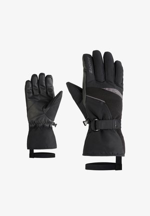 Guantes aislantes negros con un acabado texturizado, que cuentan con un puño ajustado en la muñeca y una correa ajustable, diseñados para su uso en clima frío.