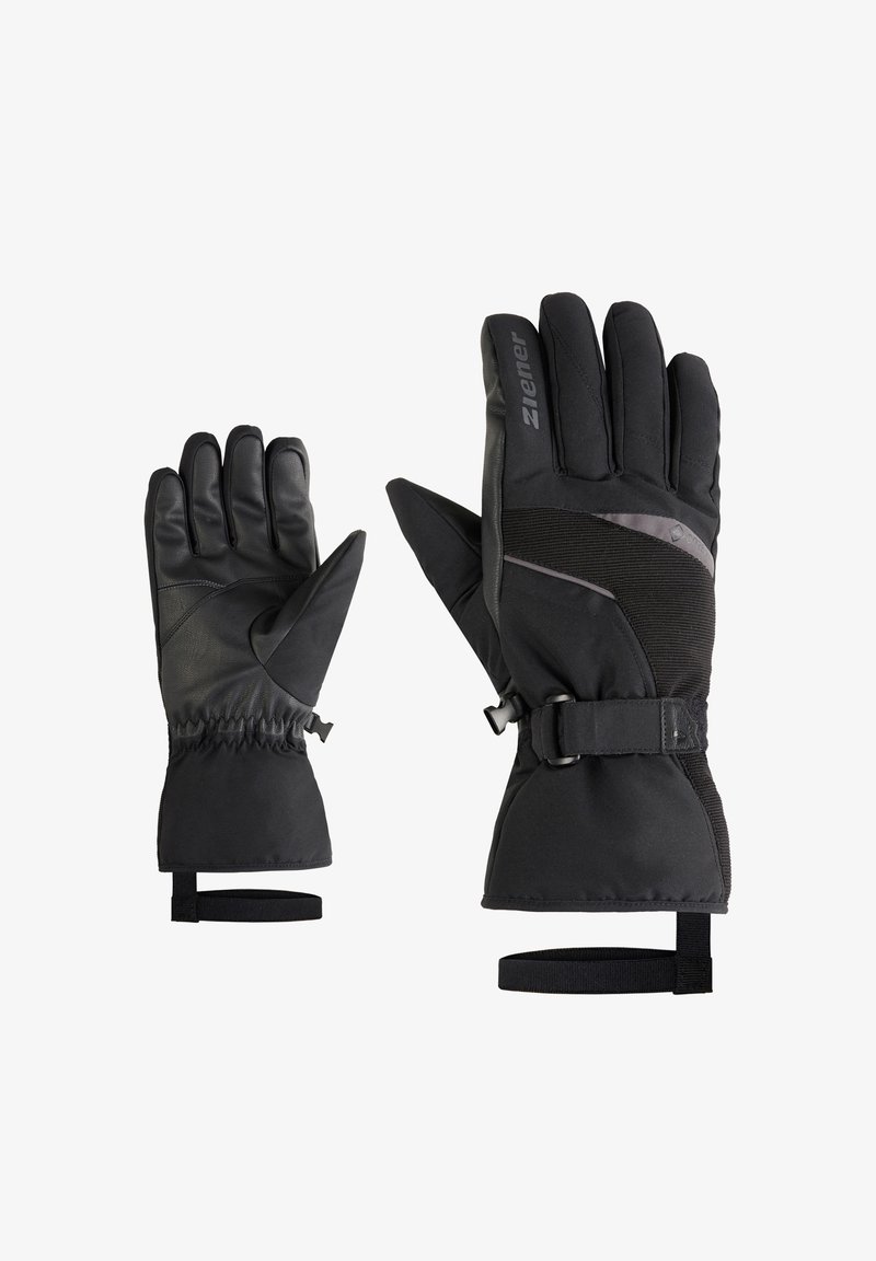 Zwarte geïsoleerde handschoenen met een gestructureerde afwerking, voorzien van een strakke polsrand en verstelbare band, ontworpen voor gebruik in koude weersomstandigheden.