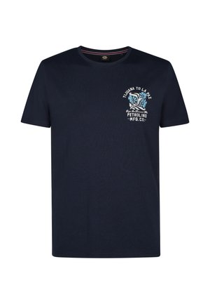 Tricou din bumbac bleumarin, cu un grafic reprezentând un bărbat cu accente florale, și textul „Tijuana to La Paz” în alb și albastru. Mâneci scurte.