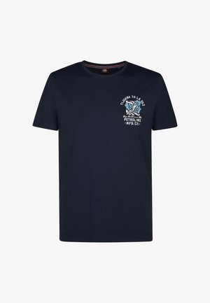 Tricou din bumbac bleumarin, cu un grafic reprezentând un bărbat cu accente florale, și textul „Tijuana to La Paz” în alb și albastru. Mâneci scurte.